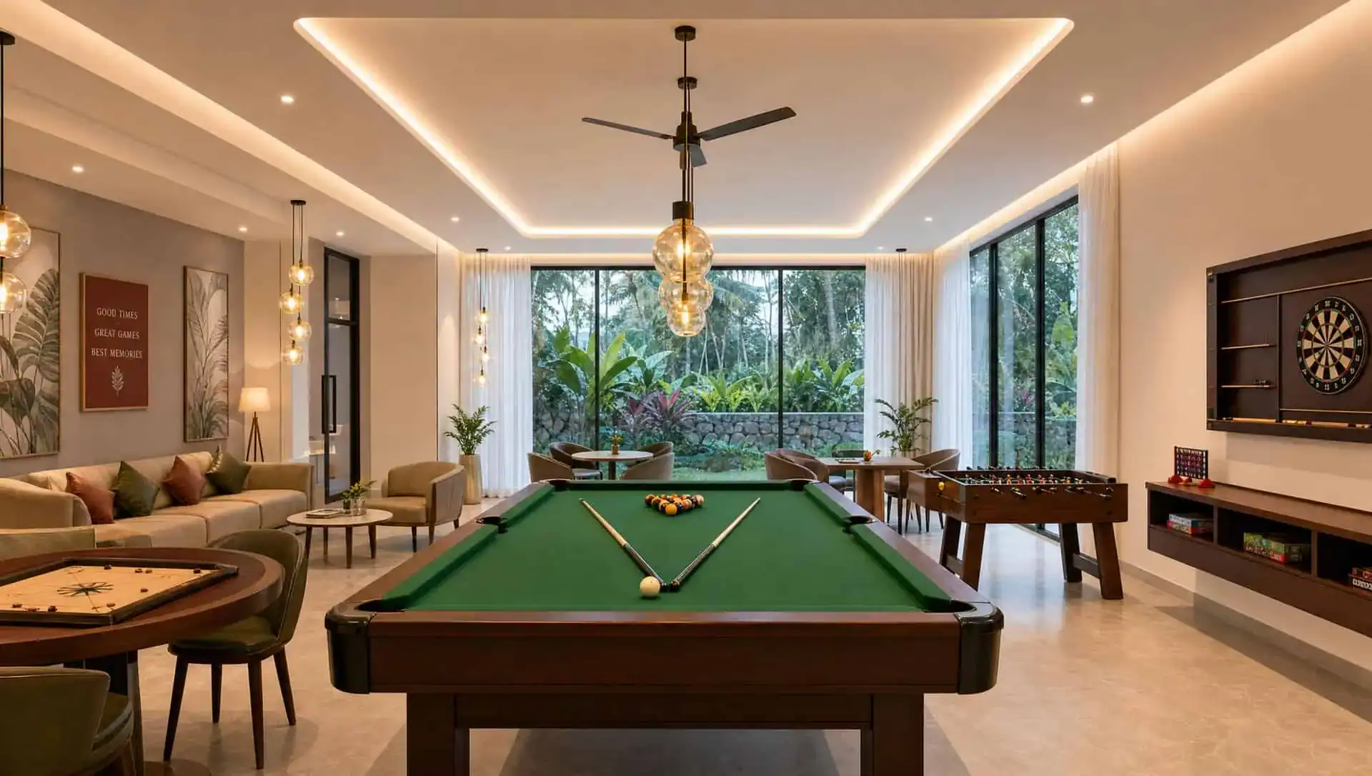Indoor games lounge with billiards table and warm contemporary interior