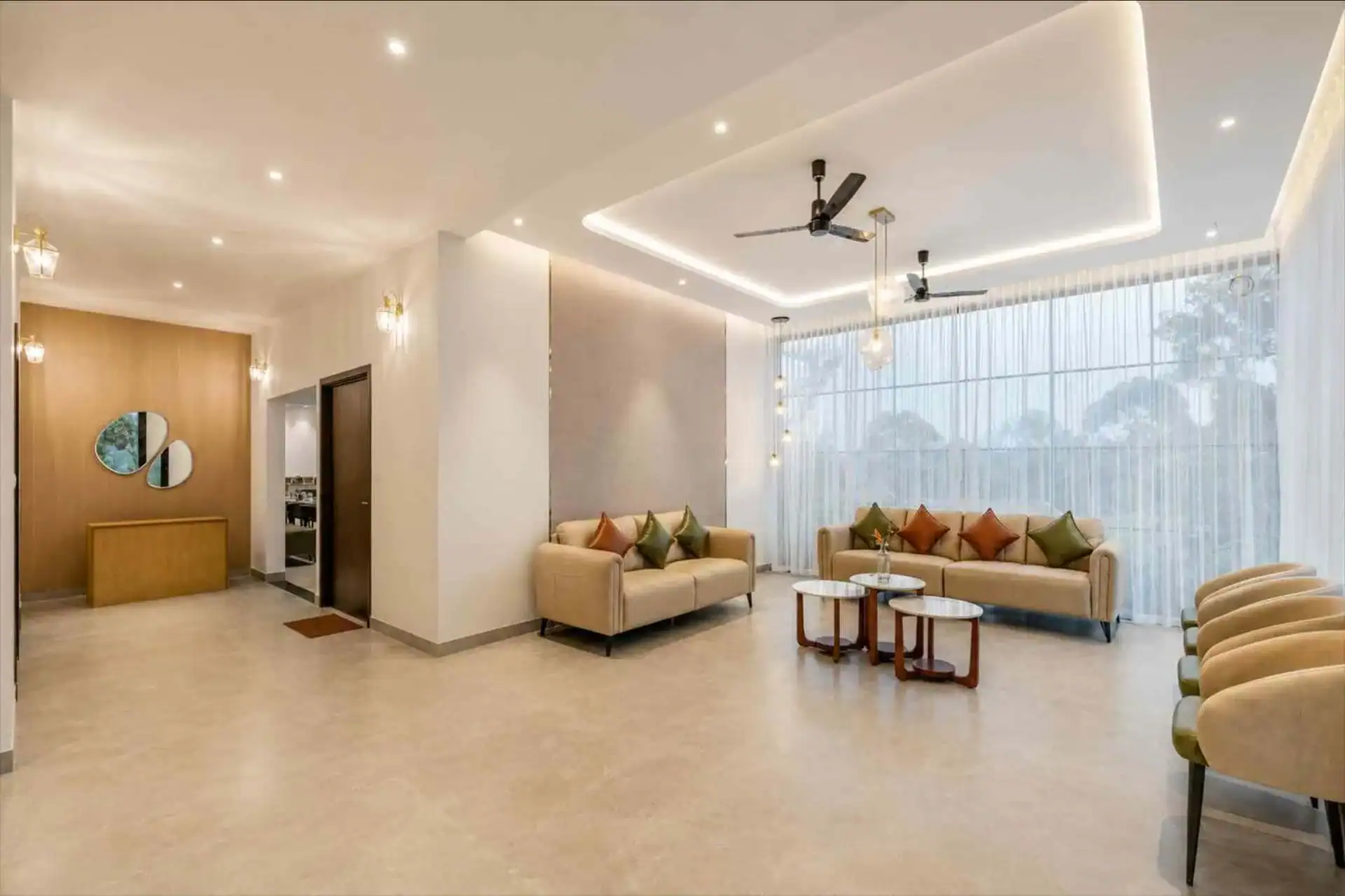 Open-plan lobby showing both reception and lounge areas