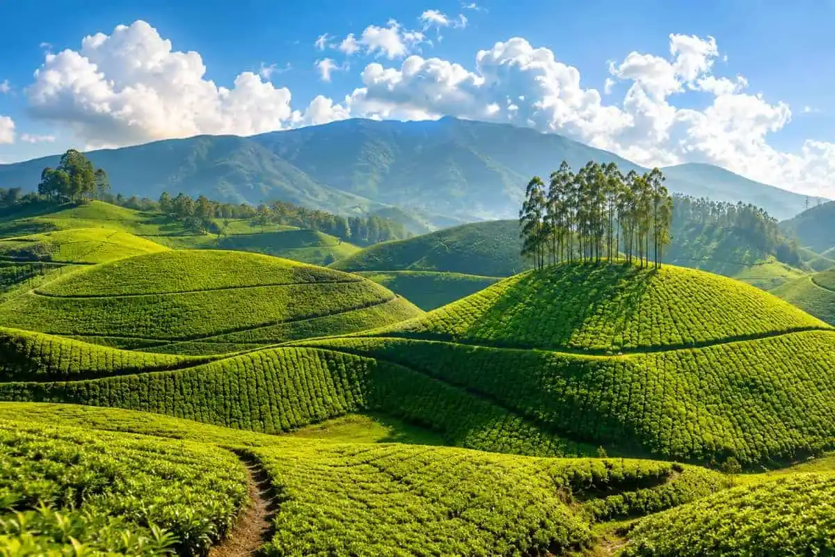 Pothamedu Viewpoint panoramic vista of tea, coffee and cardamom estates in Munnar