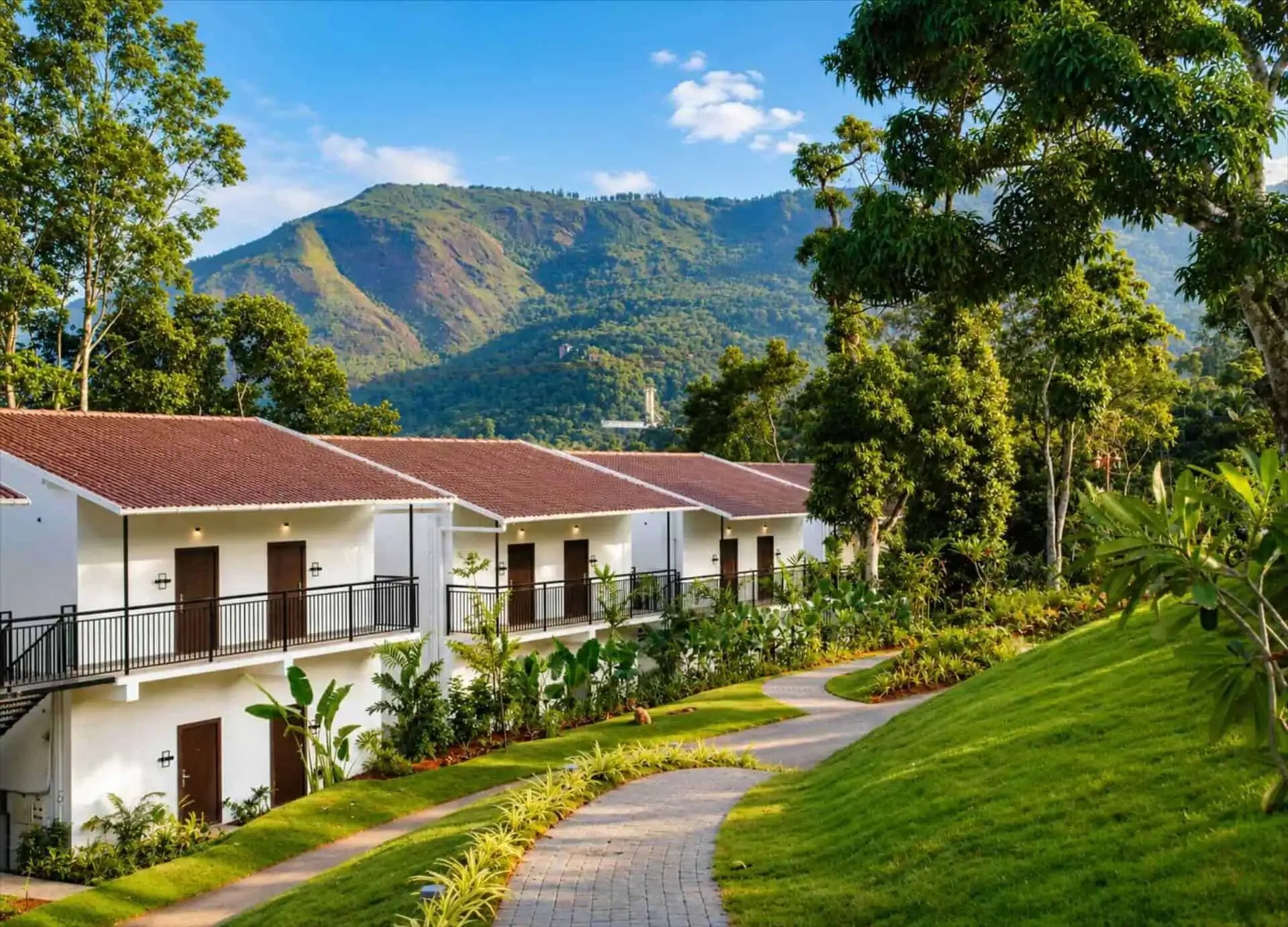 Winding cobblestone path alongside cottage row with mountain views