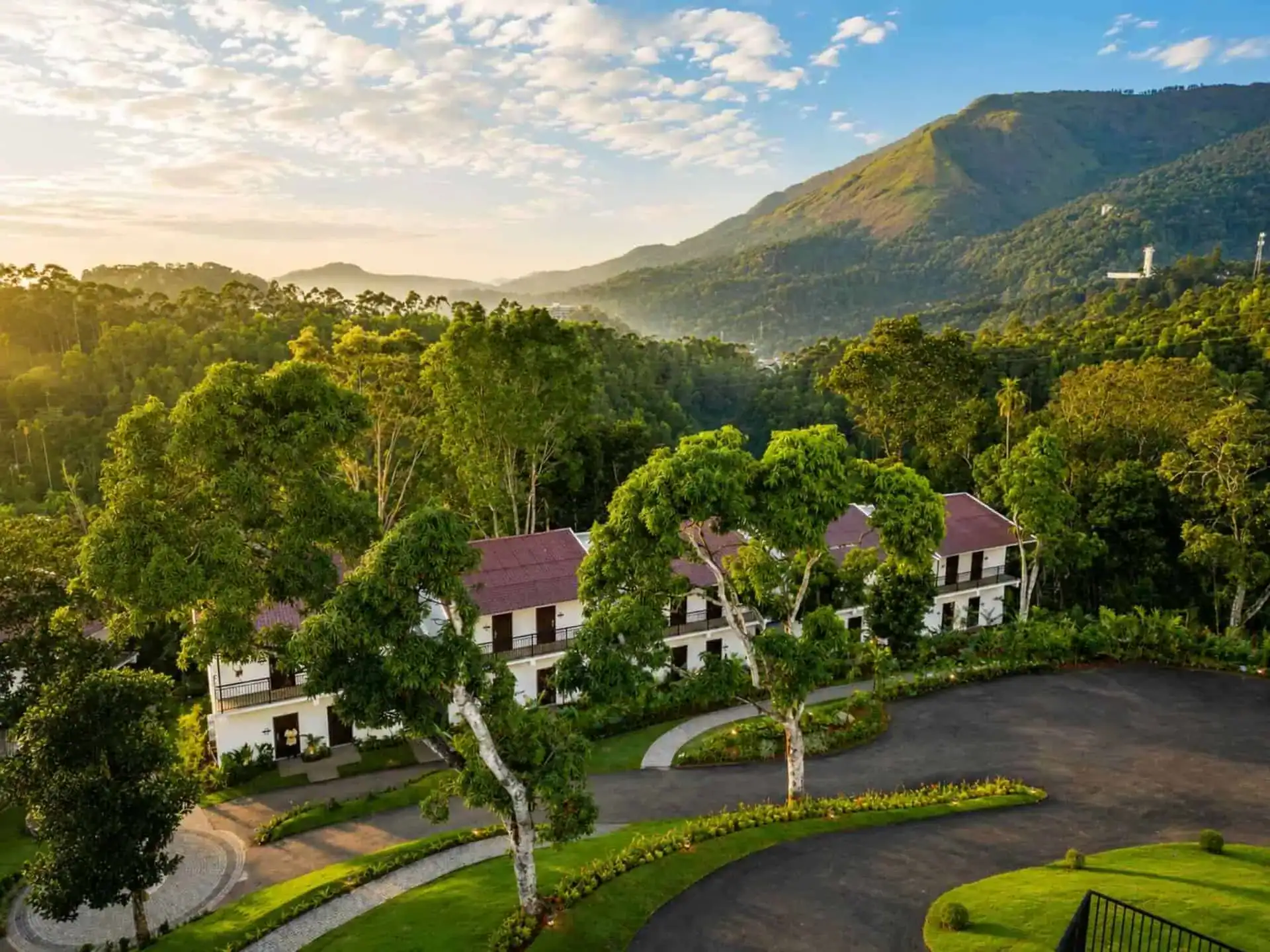 Eucalyptus trees at dusk framing the Vega Munnar cottage block with a sweeping forested valley and pastel twilight sky